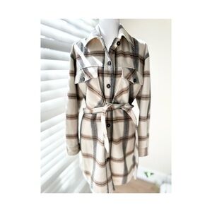 Frank & Oak Cream Plaid Belted Shacket